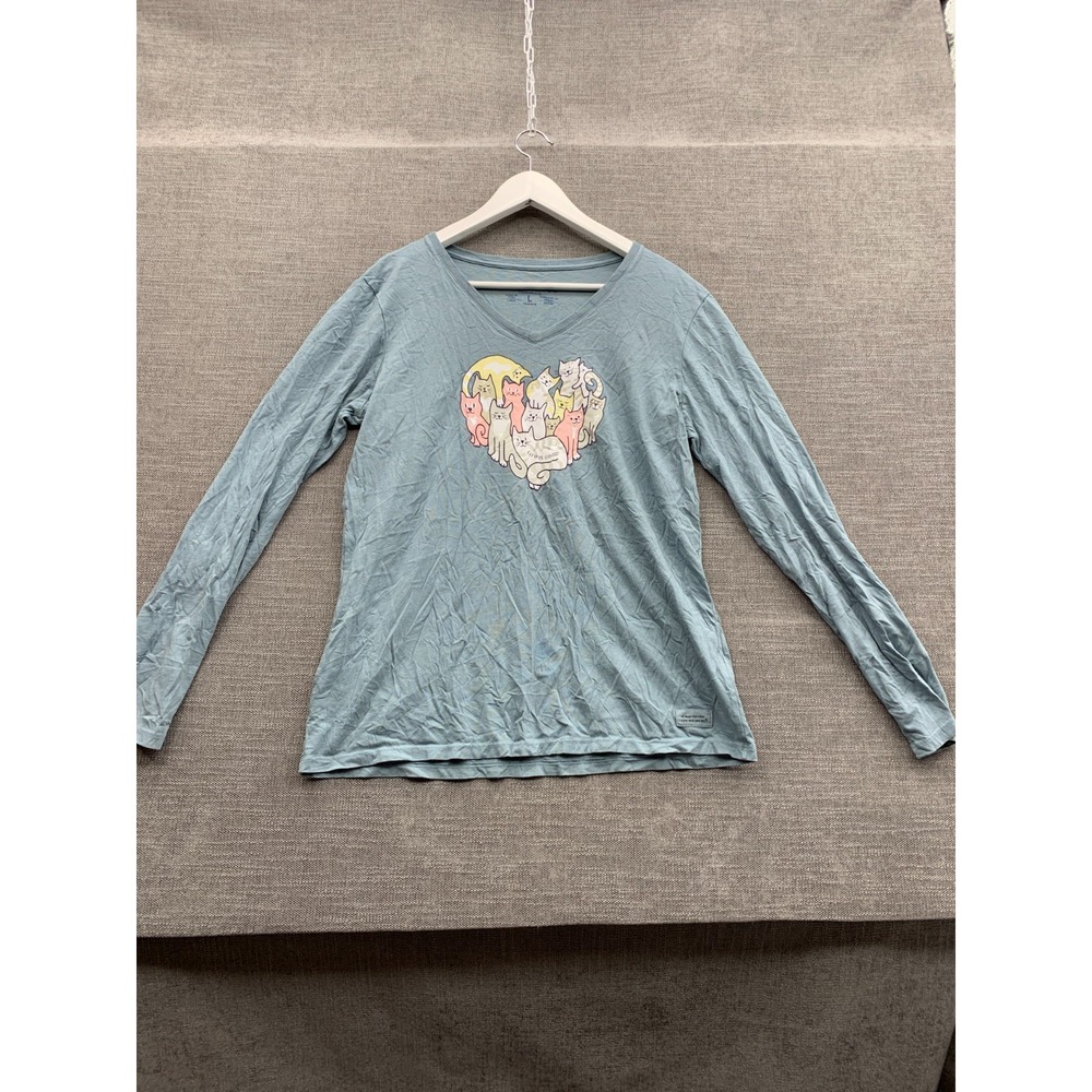 Life Is Good Crusher Lite T Shirt Womens Large Blue Graphic Print Long Sleeve